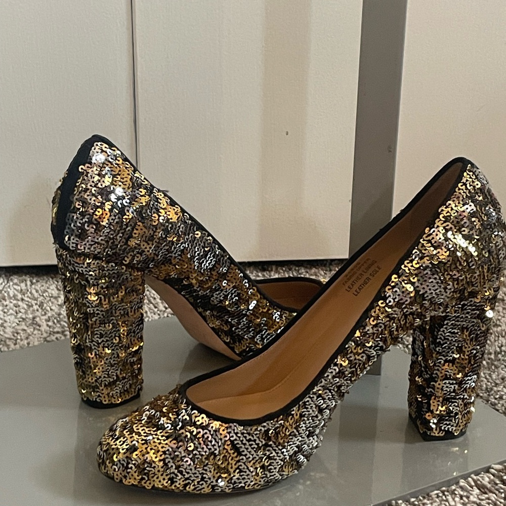J Crew Sequin Block Heels in Gold/ Black Formal Shoes Leather insole/outsole